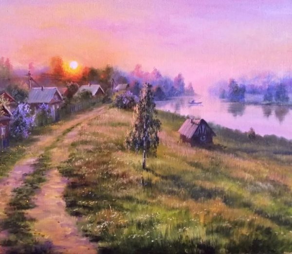 Рассвет в деревне живопись