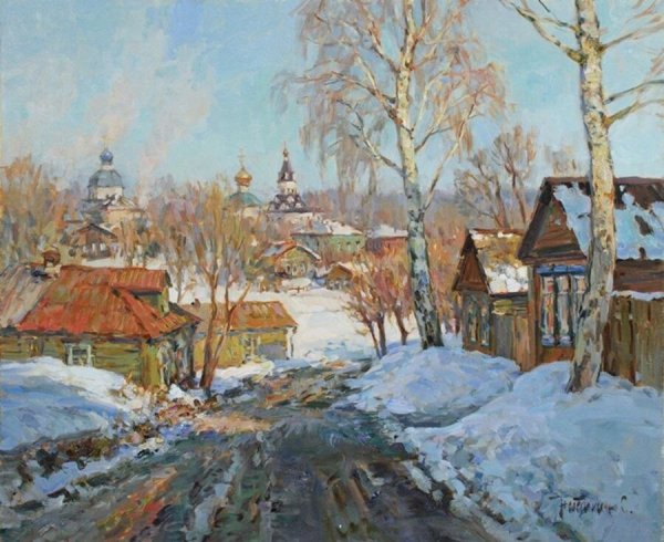 Живопись Церковь деревня весной