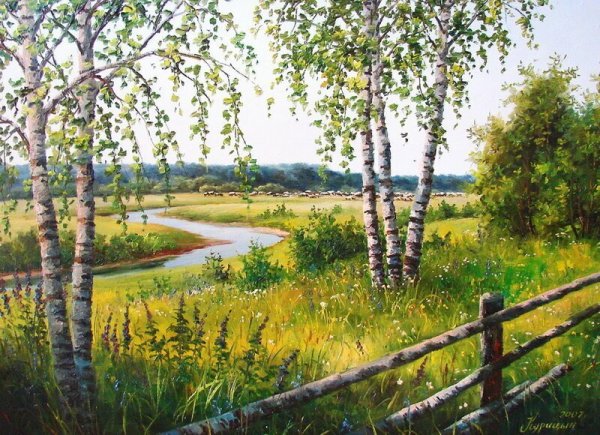 Картины художников деревня река храм зима