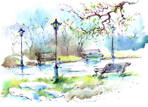 Весенний городской пейзаж акварелью