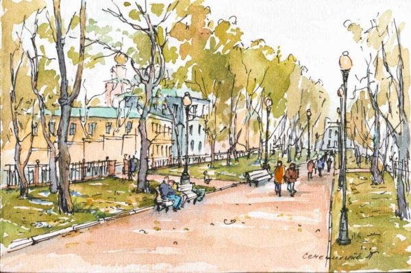 Городской пейзаж цветными карандашами