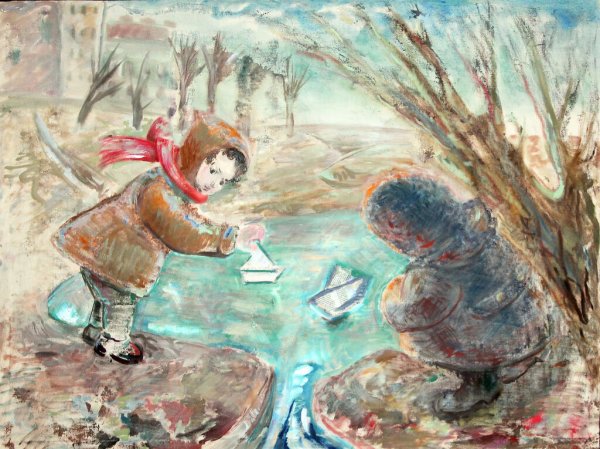 Картина Весна дети пускают кораблики