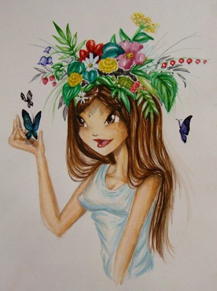 Девушка с цветами мультяшная