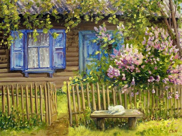 Домик в деревне с черёмухой