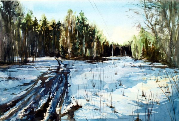 Этюд весеннего пейзажа акварелью