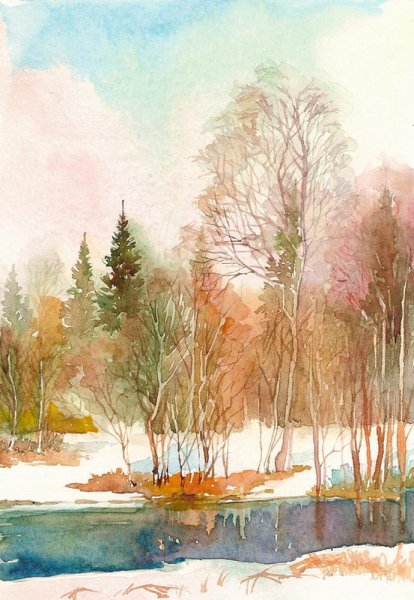 Екатерина Губина акварель зимний пейзаж