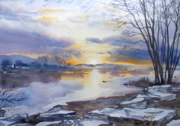 Весенний пейзаж акварелью