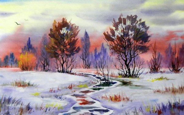 Береза зимой акварель