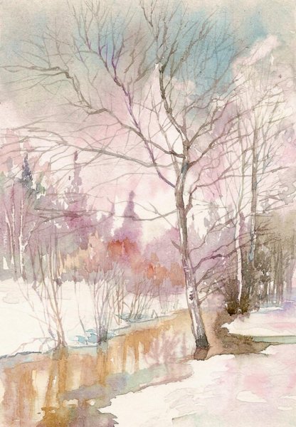 Этюд ствола березы акварелью