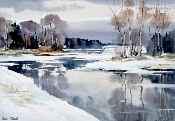 Весенний пейзаж акварелью