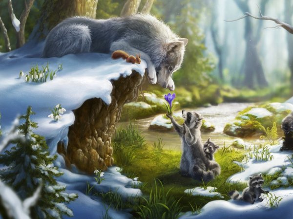 Картина Дикие животные в лесу весной