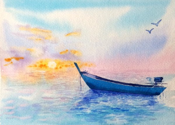 Лодка на воде акварель