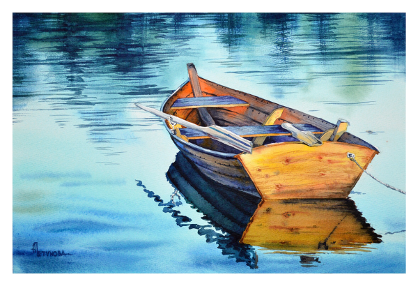 Лодка на воде акварель