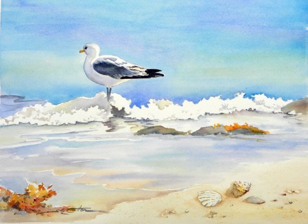 Морское побережье живопись Чайки