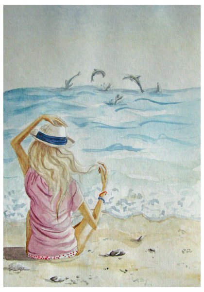 Картина девушка в шляпе у моря
