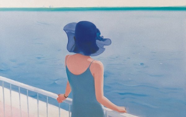 Нарисованная девушка на море