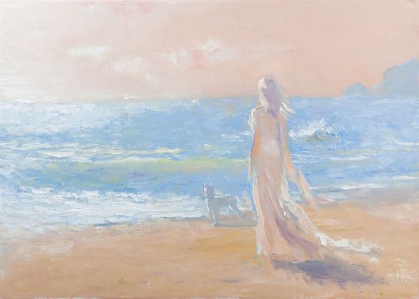 Девушка на скале у моря живопись