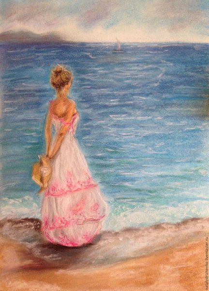 Картина девушка на берегу моря спиной
