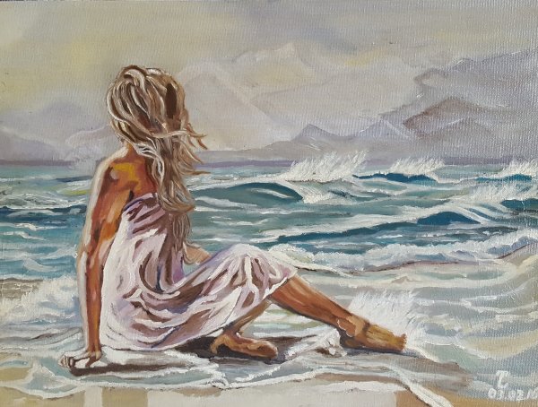 Девушки у моря гуашью