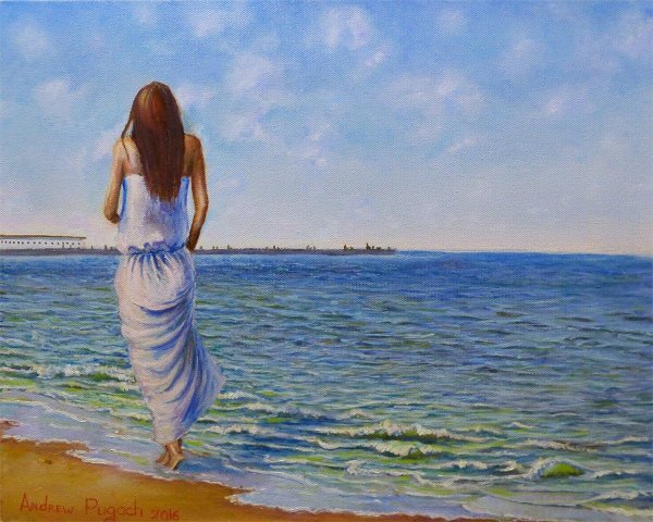 Картина девушка на берегу моря спиной