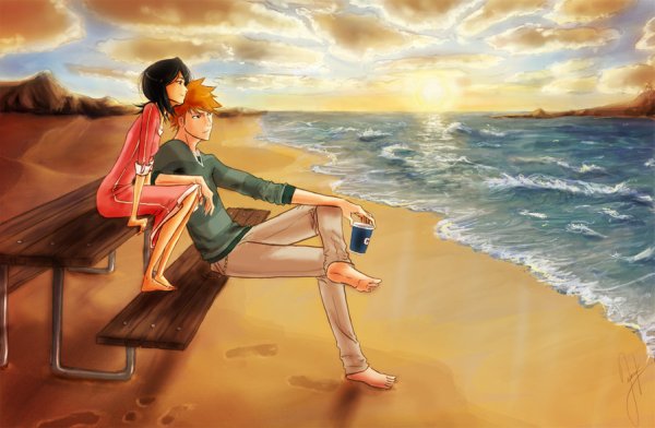 Аниме парень на побережье