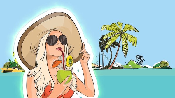 Девушка с коктейлем на пляже