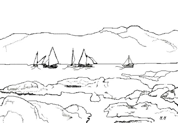 Раскраска горы и море