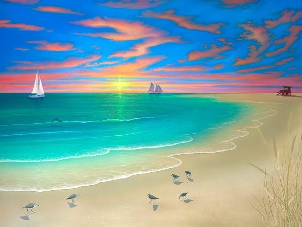 Пейзаж моря гуашью