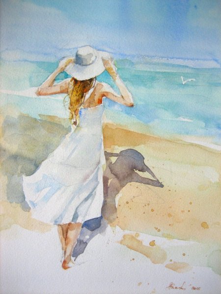 Девочка у моря акварель