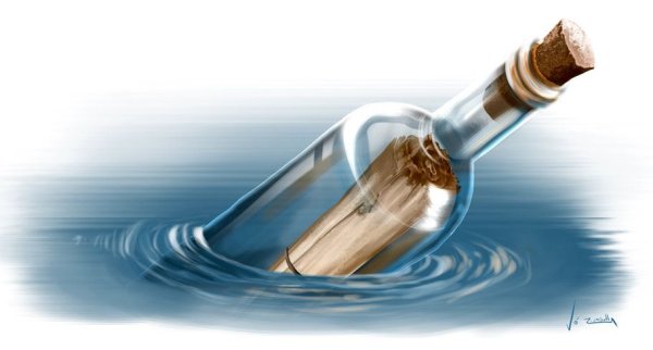 Бутылка в море акварель