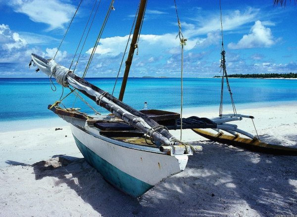 Лодка на пляже и пальмы