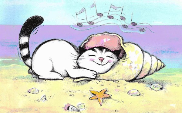Кот на море нарисованный