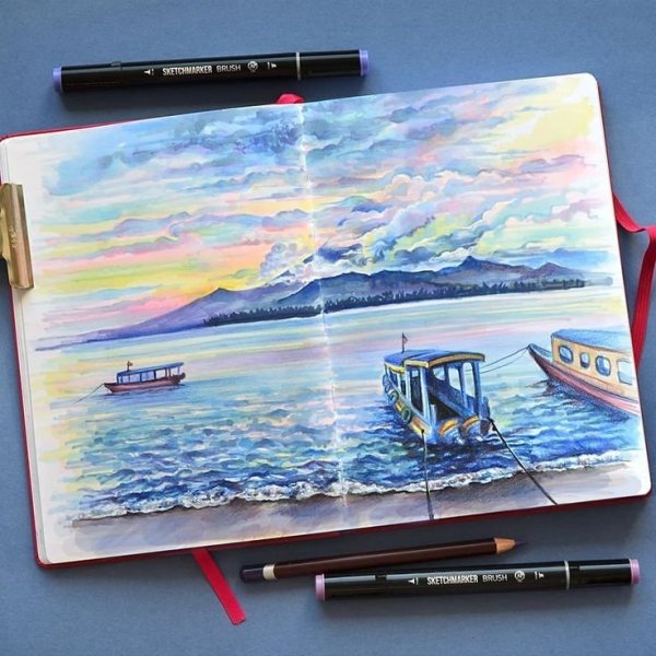 Пейзажи маркерами для скетчинга лёгкие