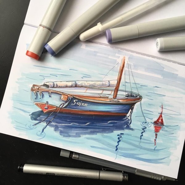 Море скетчинг акварель