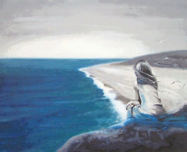 Нарисованная девушка на море