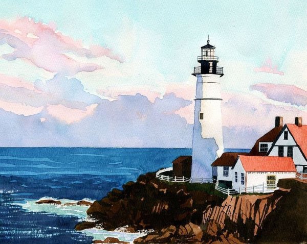 Акварель море Маяк