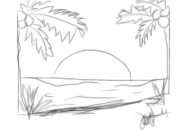 Пейзаж с пальмами и дельфинами