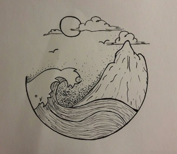 Пейзаж с пальмами и дельфинами