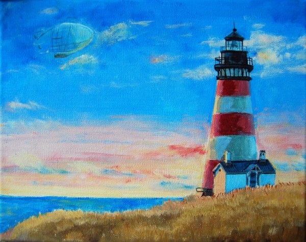Морской пейзаж с маяком красками