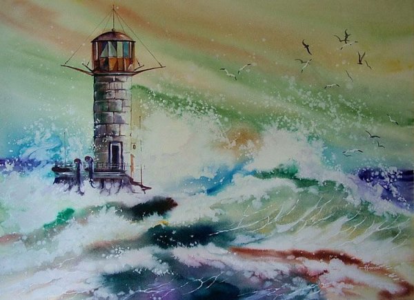 Маяк и корабль акварель