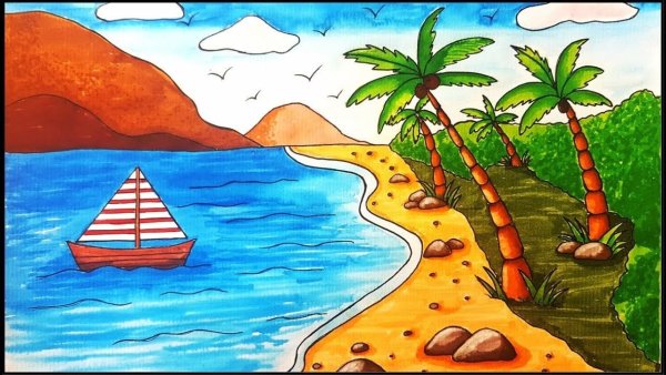 Рисунок пляж и море карандашом
