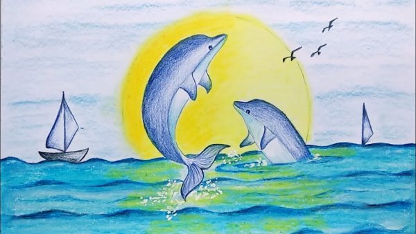 Рисунок на тему дельфины в море