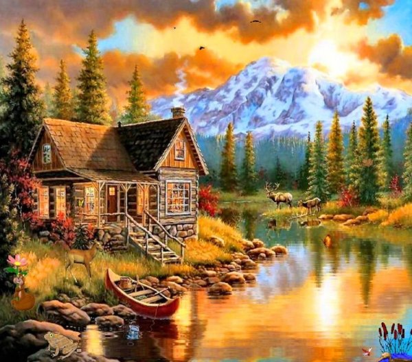 Алмазная мозаика диамонд Painting река домик горы