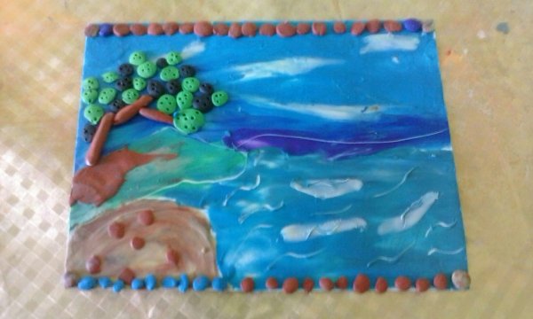 Море из пластилина на картоне