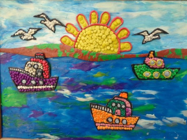 Кораблик на море пластилинография