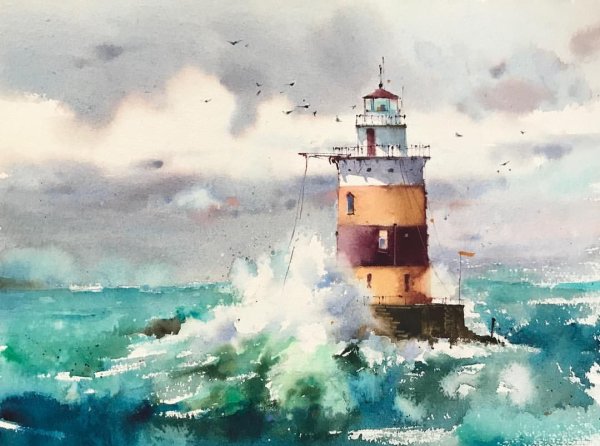 Маяк и корабль акварель