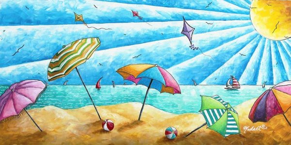 Нарисованная картина с пляжем и зонтиками
