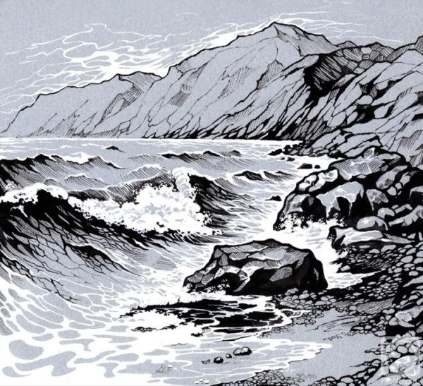 Морской пейзаж в графике