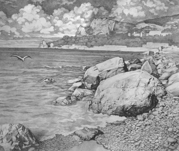 Морской пейзаж в графике