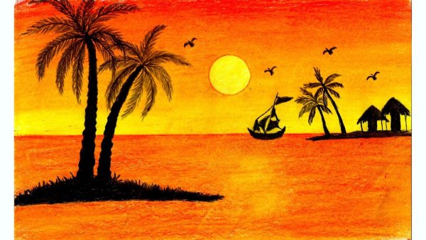 Правополушарное рисование остров с пальмами